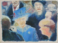 Zeitungsbilder: Queen in Blau, Oel auf unbelichtetem Fotopapier, 31 x 41,5 cm